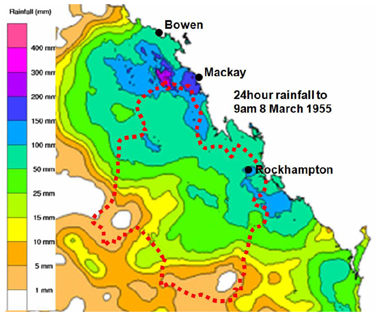 24hour rainfall to 9am 8 March 1955.